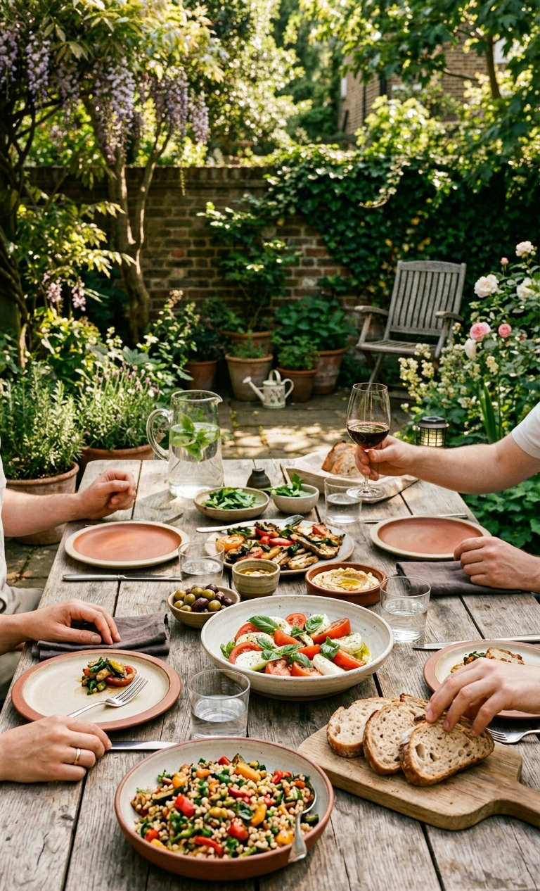 A garden table set for a shared meal — caprese, grain salad, bread, olives and wine in the late afternoon