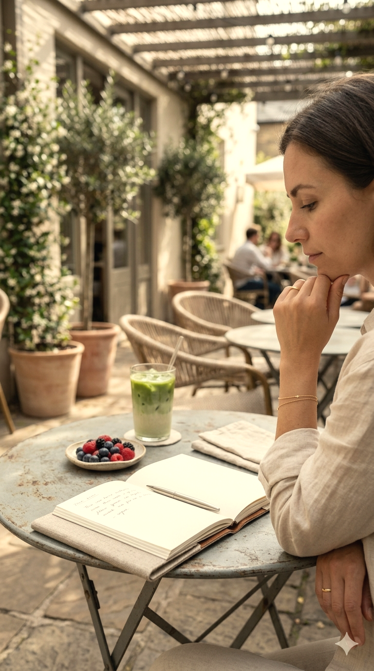 A woman writing in her notebook at a sunlit café table, a matcha and a bowl of berries beside her