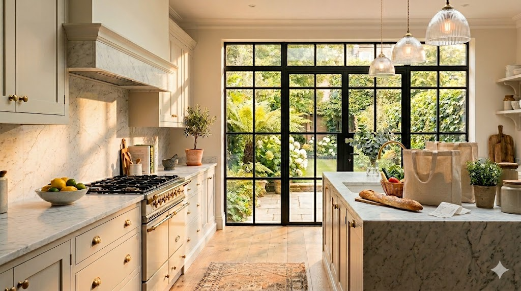 A bright kitchen with marble counters and the weekly shop in canvas totes