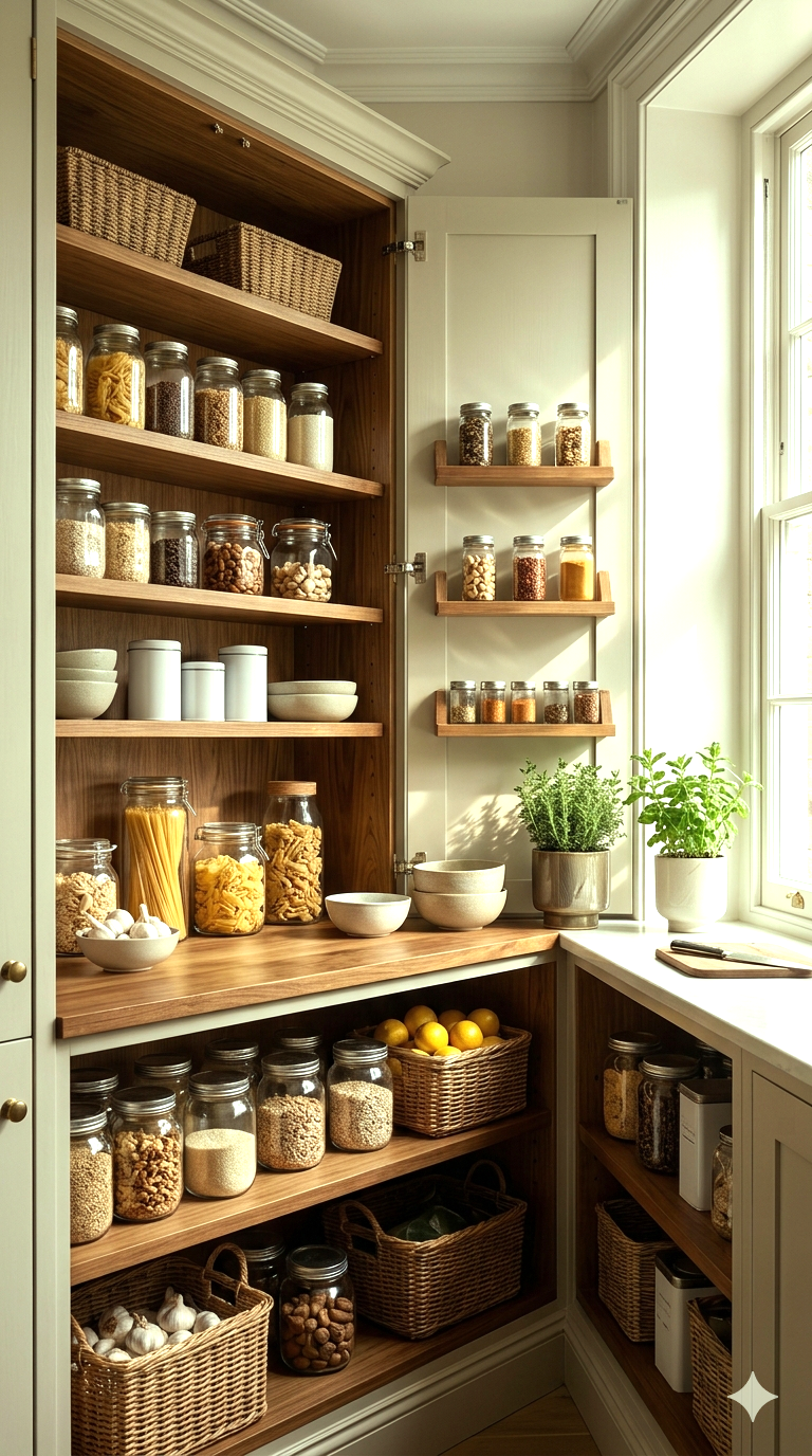 A sunlit pantry of timber shelves lined with labelled jars, baskets and herbs