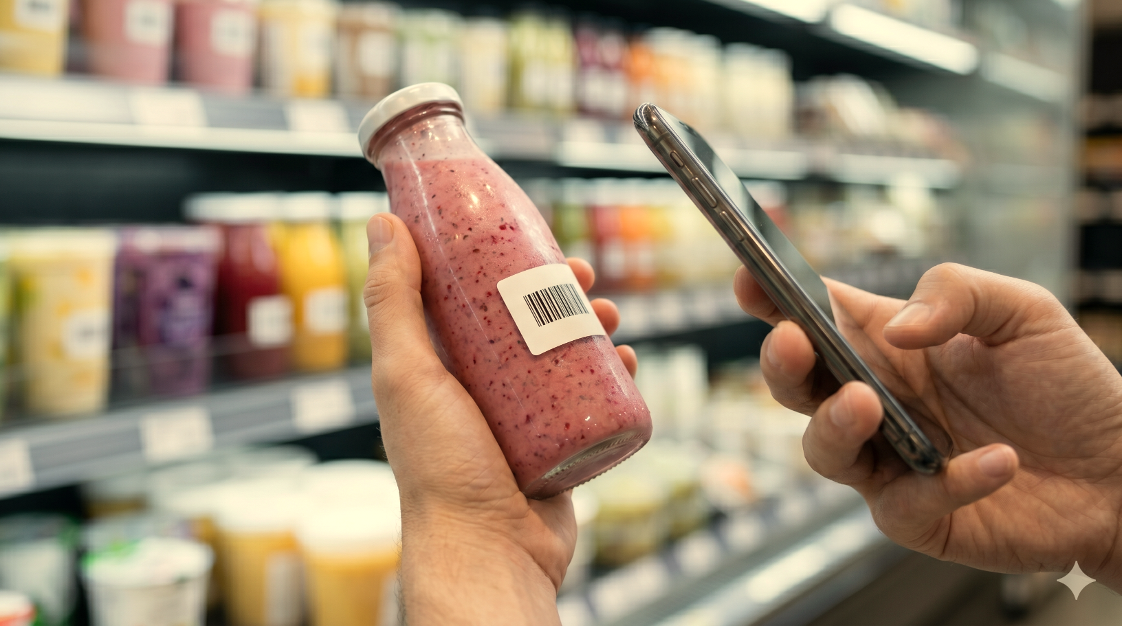 A shopper holding a berry smoothie bottle, scanning its barcode with a phone in the supermarket aisle